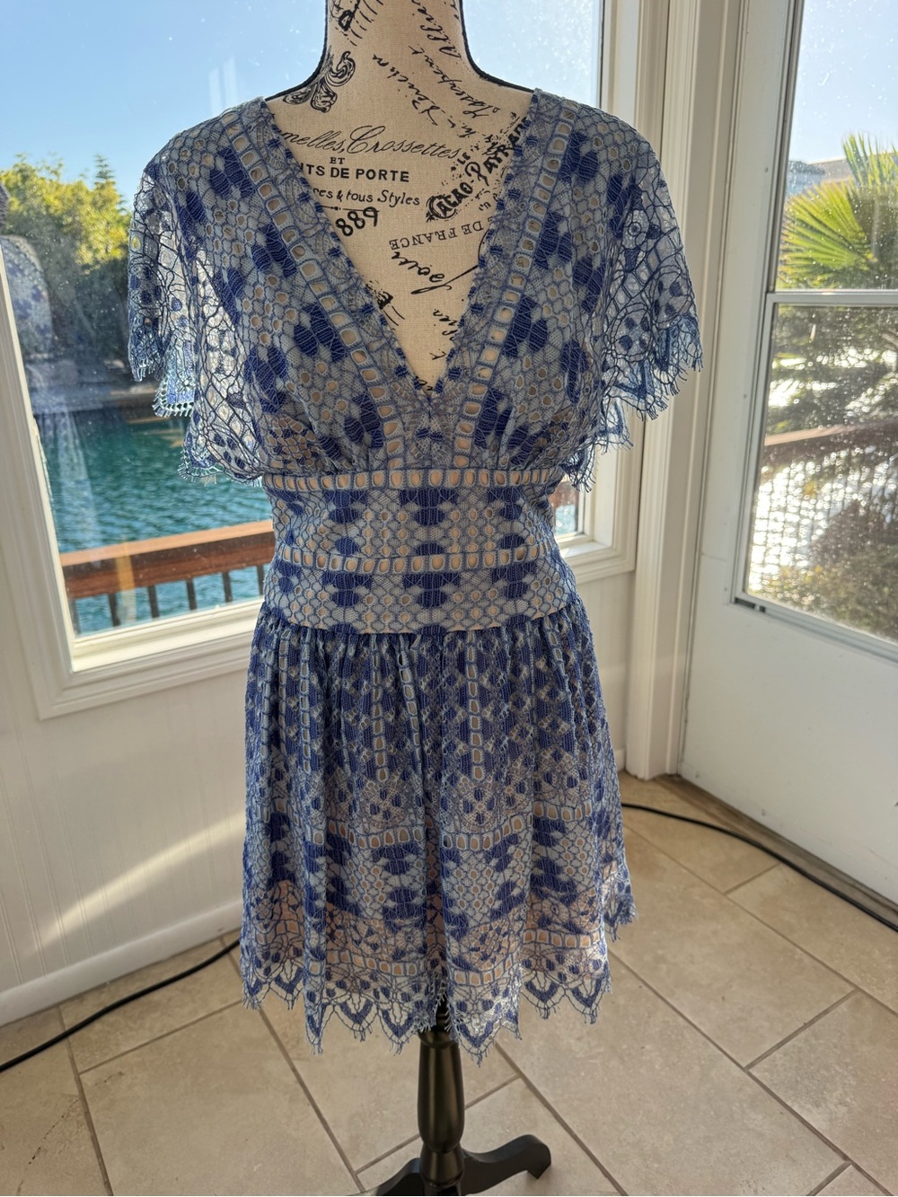 Blue Floral Lace V-Neck Mini Dress